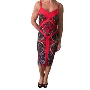Bebe Red Print Bodycon Mid Dress Size XXSP